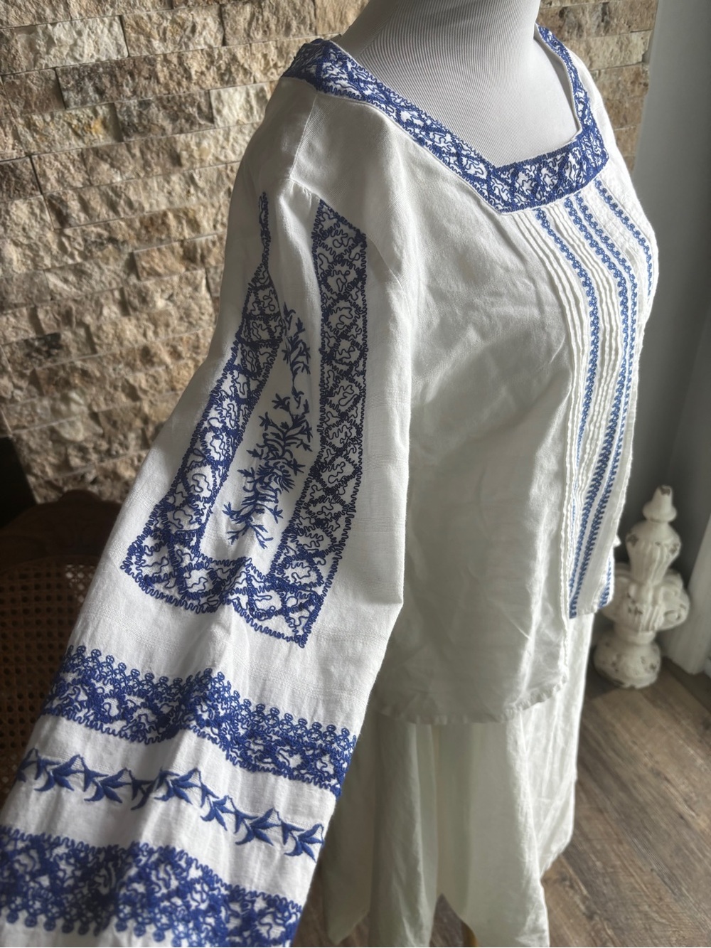 White Linen Peasant Blouse with Blue Embroidery